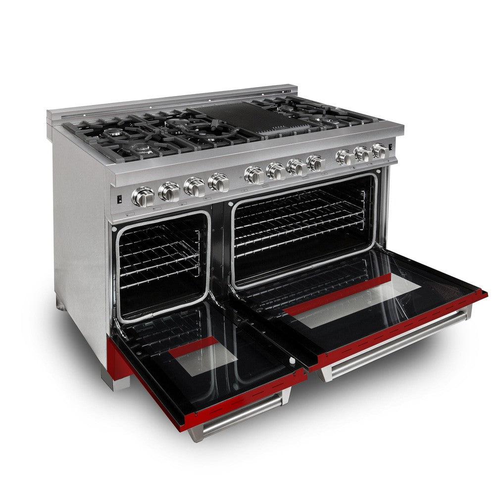 ZLINE 48 in. Kitchen Package with Satin Stainless Steel Dual Fuel Range with Red Matte Door and Convertible Vent Range Hood (2KP-RASRMRH48)