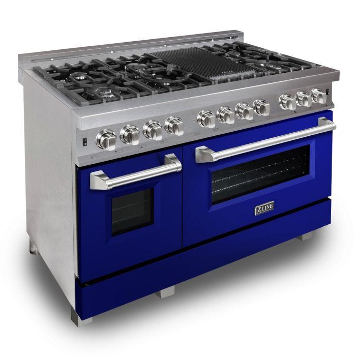 ZLINE 48 in. Professional Gas Burner/Electric Oven DuraSnow® Stainless 6.0 cu.ft. 7 Range with Blue Gloss Door, RAS-BG-48