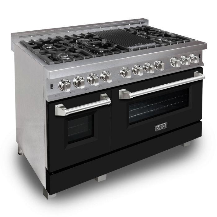 ZLINE 48 in. Professional Gas Burner/Electric Oven DuraSnow® Stainless 6.0 cu.ft. 7 Range with Black Matte Door, RAS-BLM-48