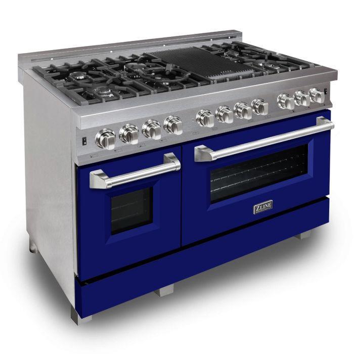 ZLINE 48 in. Dual Fuel Range with Blue Matte Door & 48 in. Range Hood Appliance Package, 2KP-RASBMRH48