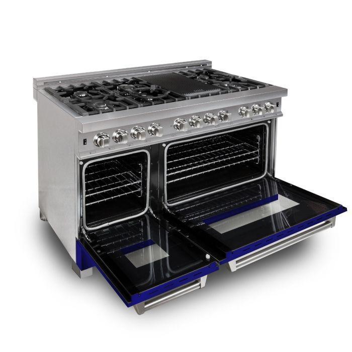 ZLINE 48 in. Dual Fuel Range with Blue Matte Door & 48 in. Range Hood Appliance Package, 2KP-RASBMRH48