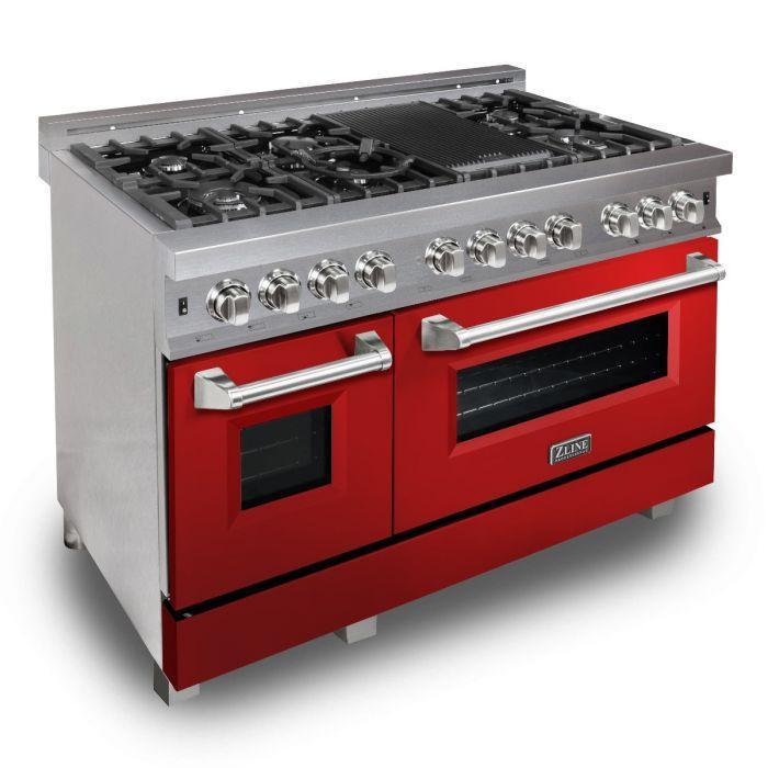 ZLINE 48 in. Dual Fuel Range with Red Gloss Door & 48 in. Range Hood Appliance Package, 2KP-RASRGRH48