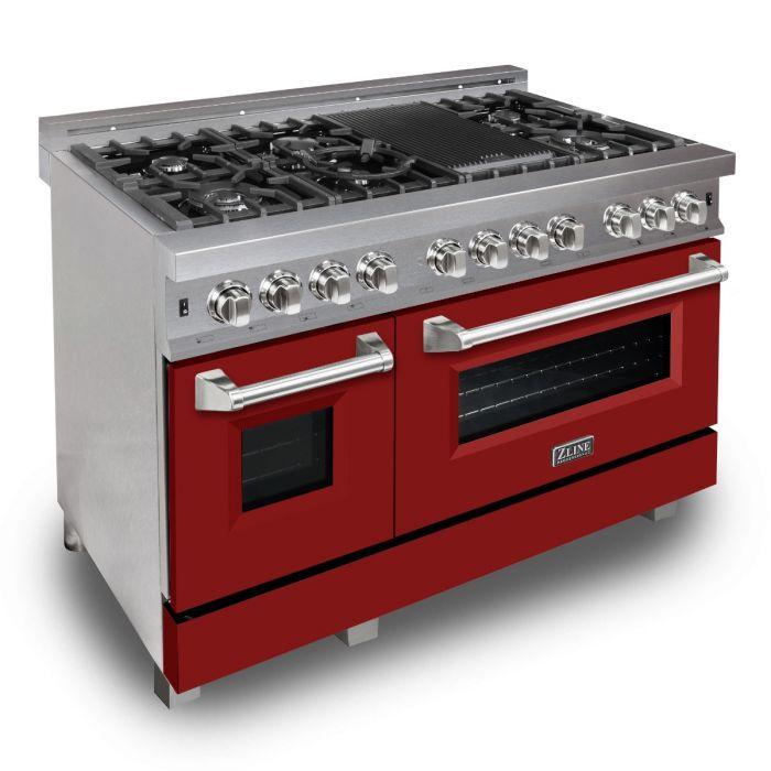 ZLINE 48 in. Professional Gas Burner/Electric Oven DuraSnow® Stainless 6.0 cu.ft. 7 Range with Red Matte Door, RAS-RM-48