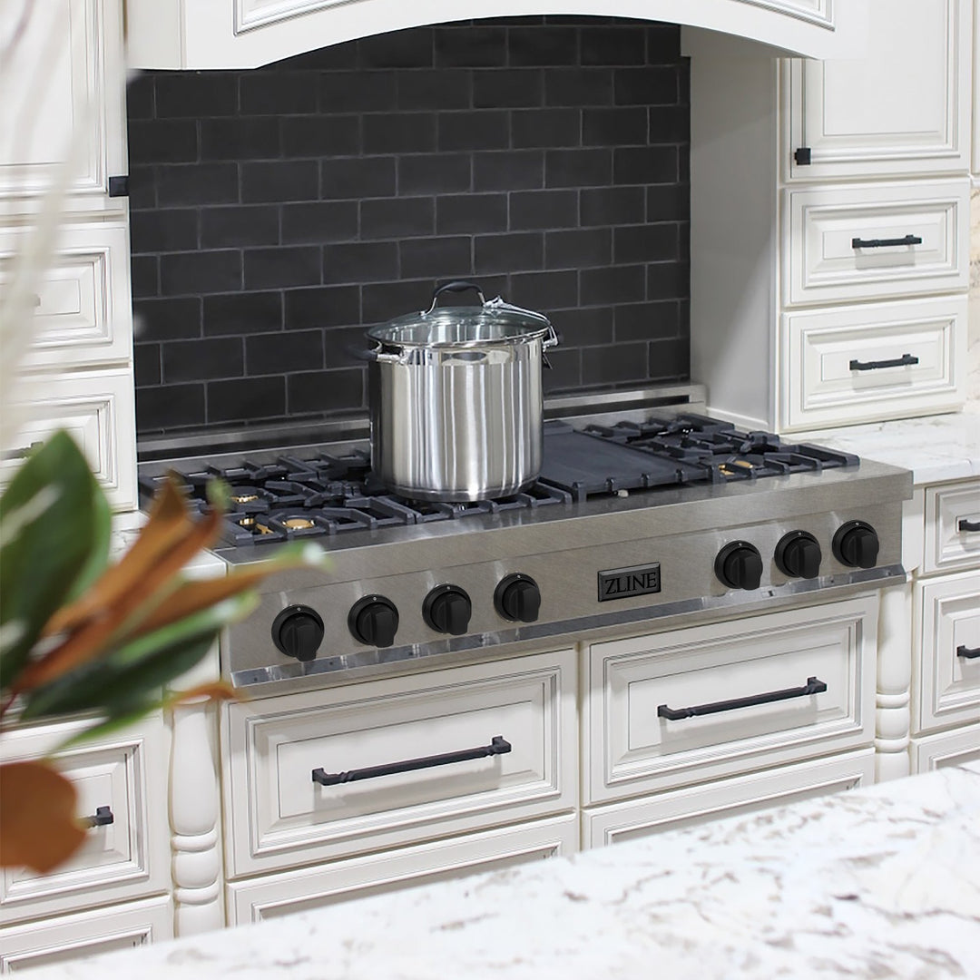 ZLINE Autograph Edition 48" Porcelain Rangetop with 7 Gas Burners in DuraSnow® Stainless Steel and Matte Black Accents, RTSZ-48-MB