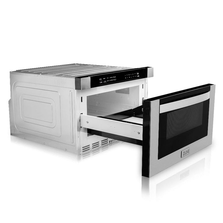 ZLINE Kitchen Package with Refrigerator, 48 in. Stainless Steel Dual Fuel Range, 48 in. Convertible Vent Range Hood, 24 in. Microwave Drawer, and 24 in. Tall Tub Dishwasher (5KPR-RARH48-MWDWV)