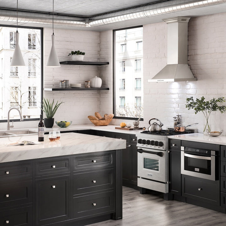 ZLINE Autograph Edition 24 in. 2.8 cu. ft. Legacy Dual Fuel Range with 4 Burner Gas Cooktop and Electric Convection Oven in Satin Stainless Steel and Matte Black Accents, Open Box-Excellent Condition