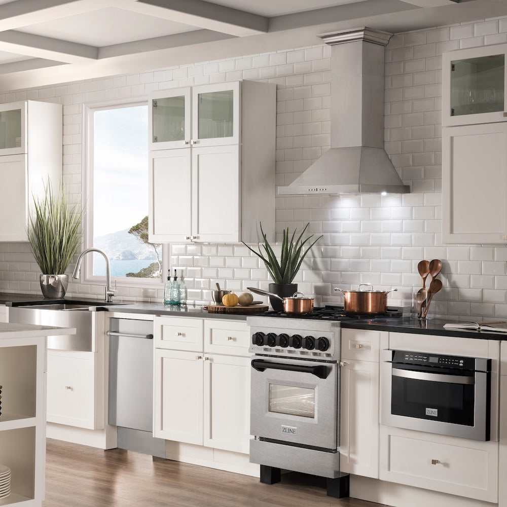 ZLINE Autograph Edition 24 in. 2.8 cu. ft. Legacy Dual Fuel Range with 4 Burner Gas Cooktop and Electric Convection Oven in Satin Stainless Steel and Matte Black Accents, Open Box-Excellent Condition