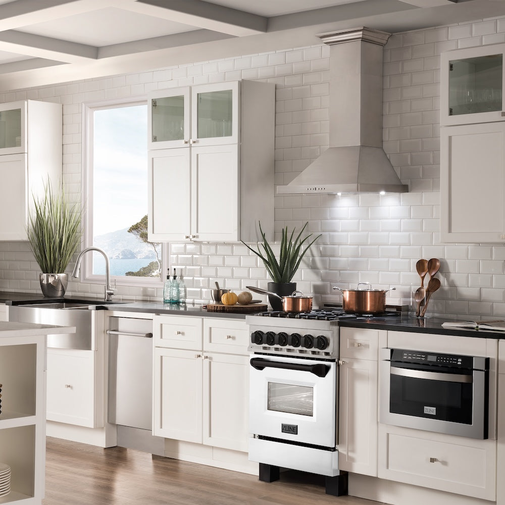 ZLINE Autograph Edition 24 in. 2.8 cu. ft. Legacy Dual Fuel Range with 4 Burner Gas Cooktop and Electric Convection Oven in Stainless Steel with White Matte Door and Matte Black Accents, Open Box-Excellent Condition