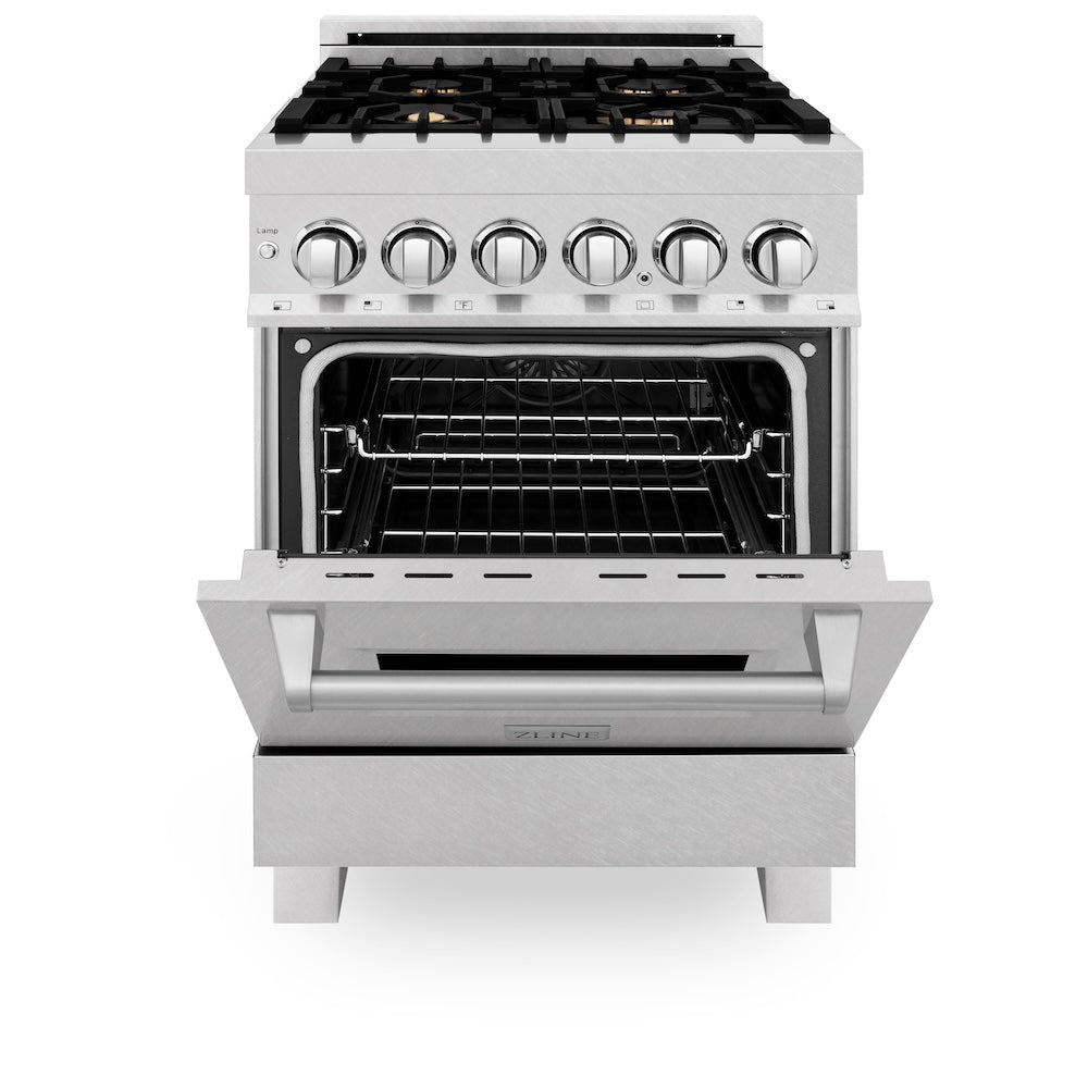 ZLINE 24 in. 2.8 cu. ft. Legacy Dual Fuel Range with Gas Cooktop and Electric Convection Oven in Satin Stainless Steel with 4 Brass Burners (RAS-SN-BR-24)