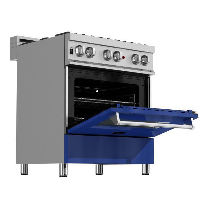 ZLINE 30" Dual Fuel Range in DuraSnow® with Blue Gloss Door & 30" Range Hood Appliance Package, 2KP-RASBGRH30