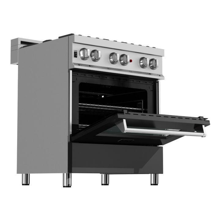 ZLINE 30 in. Dual Fuel Range in DuraSnow® with Black Matte Door & 30 in. Range Hood Appliance Package, 2KP-RASBLMRH30