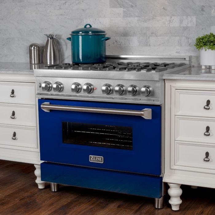 ZLINE 36 in. Professional Gas Burner/Electric Oven in DuraSnow® Stainless with Blue Gloss Door, RAS-BG-36