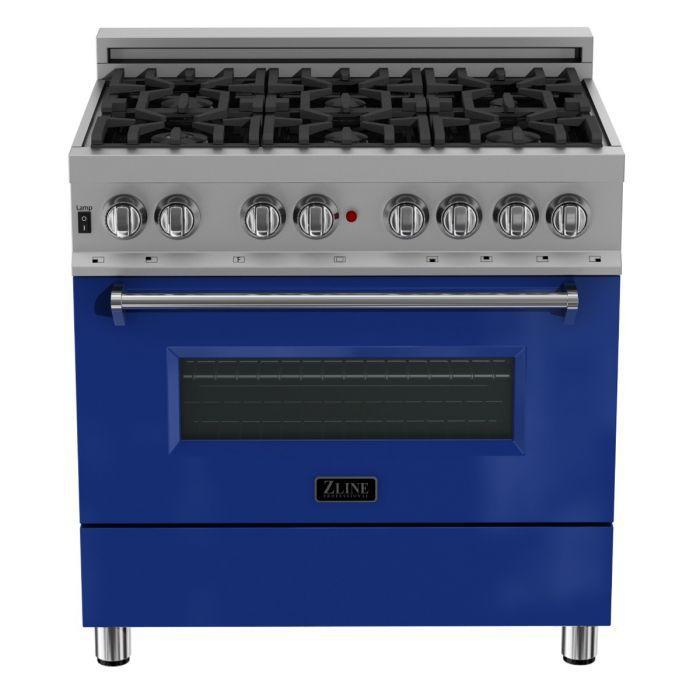 ZLINE 36 in. Professional Gas Burner/Electric Oven in DuraSnow® Stainless with Blue Gloss Door, RAS-BG-36