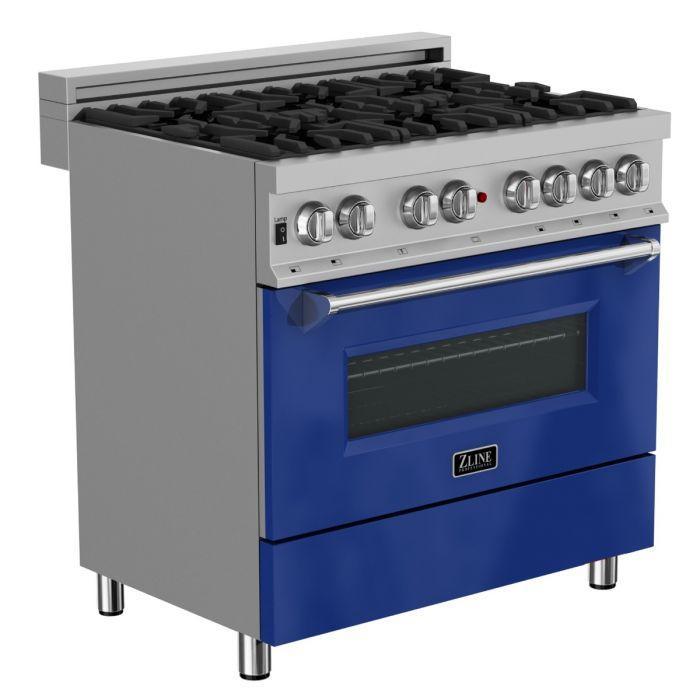 ZLINE 36 in. Professional Gas Burner/Electric Oven in DuraSnow® Stainless with Blue Gloss Door, RAS-BG-36