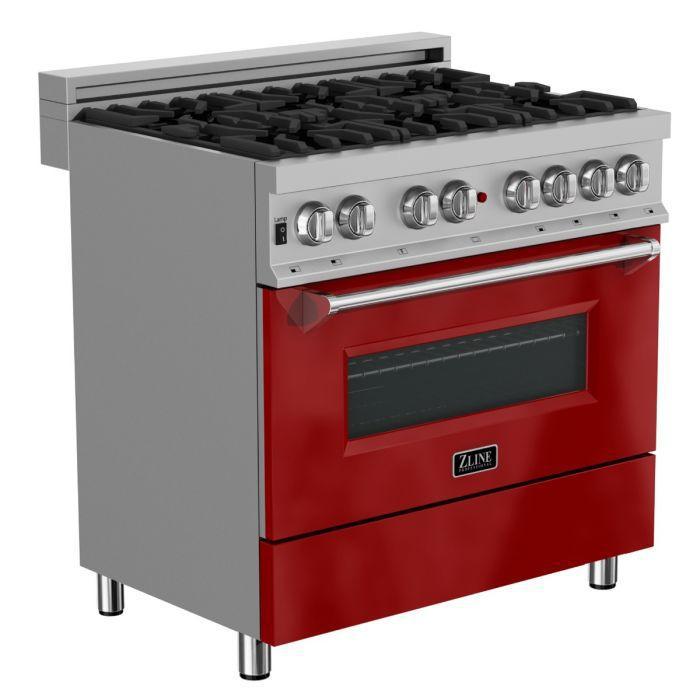 ZLINE Kitchen and Bath 36 in. Professional Gas Burner/Electric Oven in DuraSnow® Stainless with Red Gloss Door, RAS-RG-36