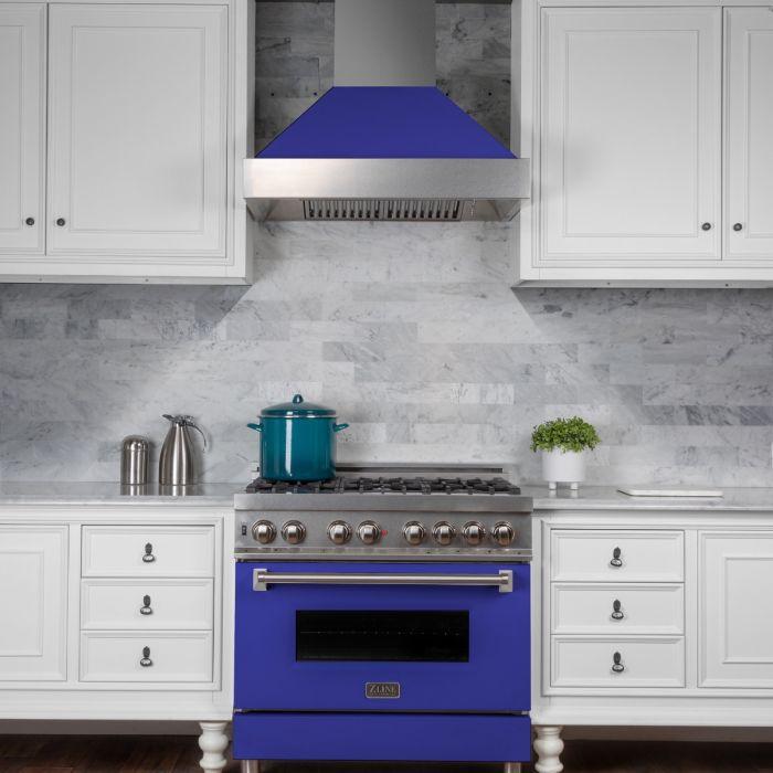 ZLINE 36 in. Professional Gas Burner/Electric Oven in DuraSnow® Stainless with Blue Matte Door, RAS-BM-36