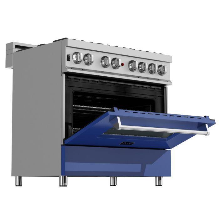 ZLINE 36" Dual Fuel Range with Blue Matte Door & 36" Range Hood Appliance Package, 2KP-RASBMRH36