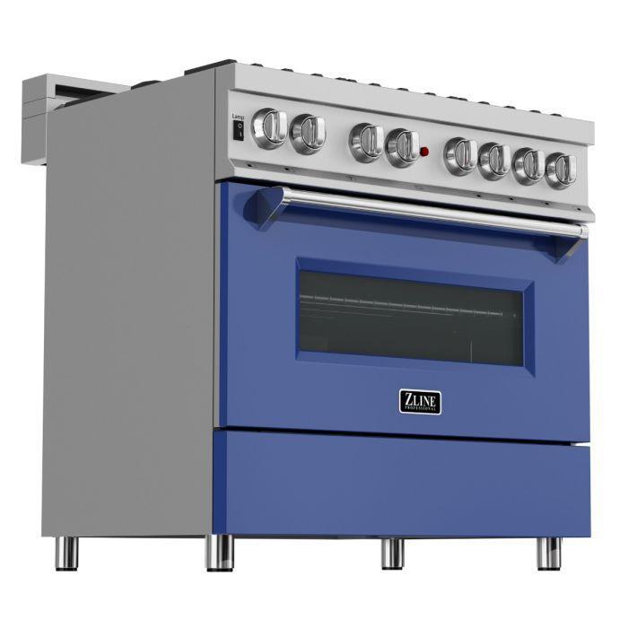 ZLINE 36 in. Professional Gas Burner/Electric Oven in DuraSnow® Stainless with Blue Matte Door, RAS-BM-36