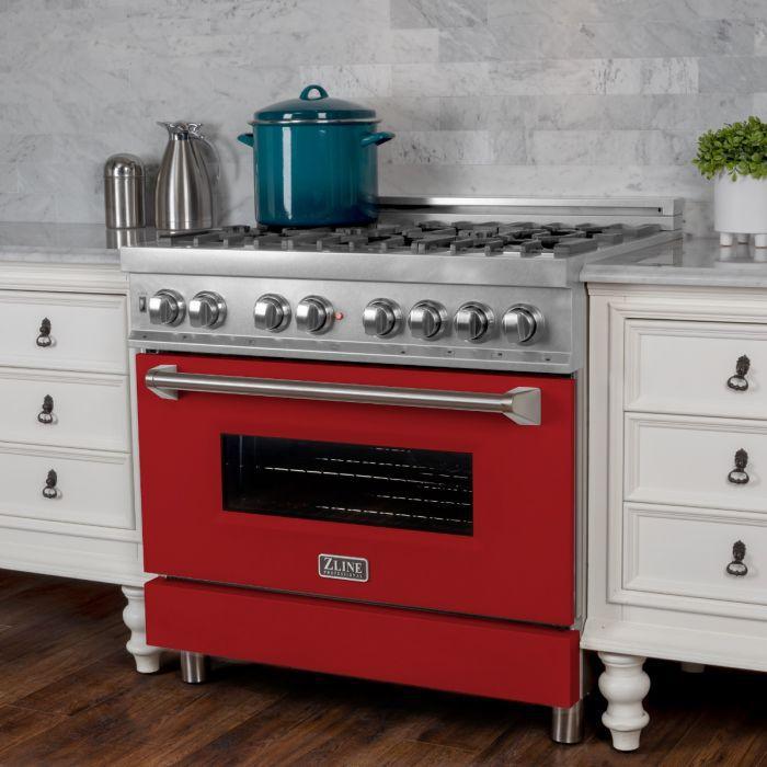 ZLINE 36 in. Professional Gas Burner/Electric Oven in DuraSnow® Stainless with Red Matte Door, RAS-RM-36