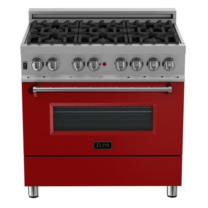 ZLINE 36 in. Professional Gas Burner/Electric Oven in DuraSnow® Stainless with Red Matte Door, RAS-RM-36