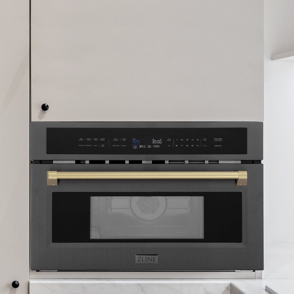 ZLINE Autograph Edition 30 in. 1.6 cu ft. Built-in Convection Microwave Oven in Black Stainless Steel with Champagne Bronze Accents (MWOZ-30-BS-CB)
