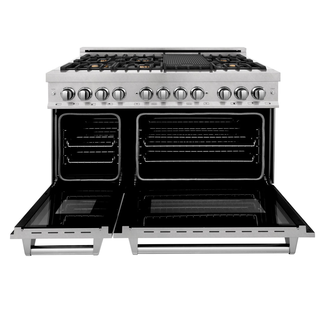 ZLINE 48" 6.0 cu. ft. Gas Burner, Electric Oven with Griddle and Brass Burners in DuraSnow® Stainless Steel, RAS-SN-BR-GR-48