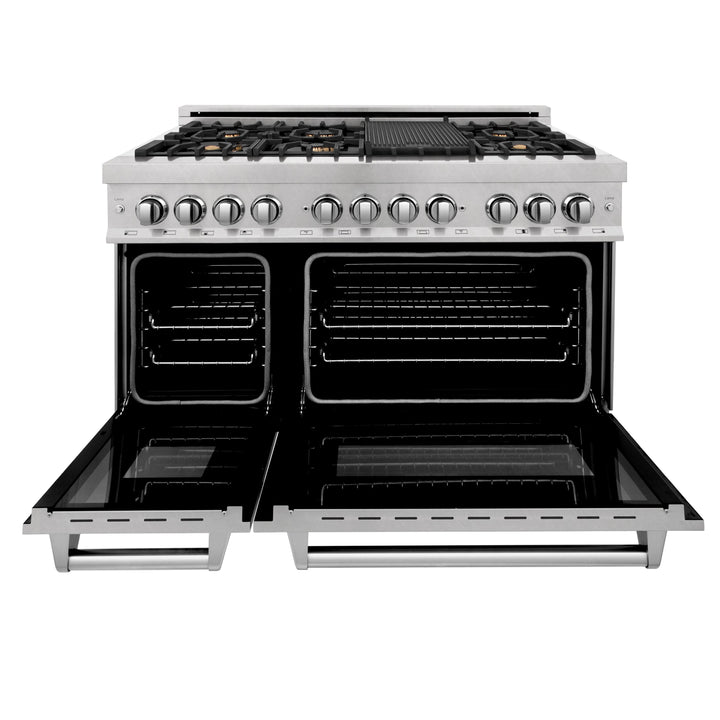 ZLINE 48" 6.0 cu. ft. Gas Burner, Electric Oven with Griddle and Brass Burners in DuraSnow® Stainless Steel, RAS-SN-BR-GR-48