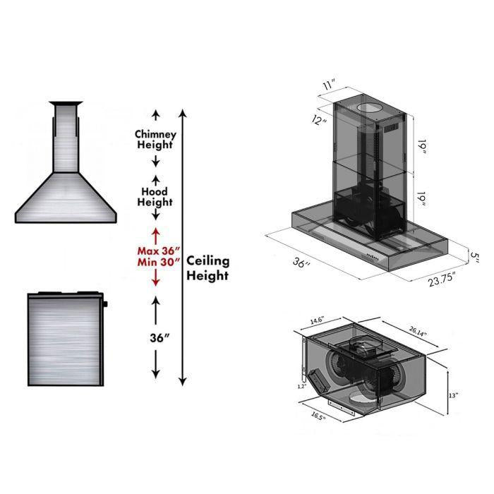 ZLINE 36 In. Ducted Remote Blower Island Mount Range Hood in Stainless Steel, KECOMi-RD-36