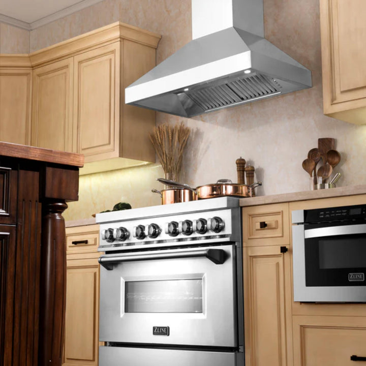 ZLINE 30", 36", 42", 48", and 60" Professional Convertible Vent Wall Mount Range Hoods with Crown Molding in Stainless Steel