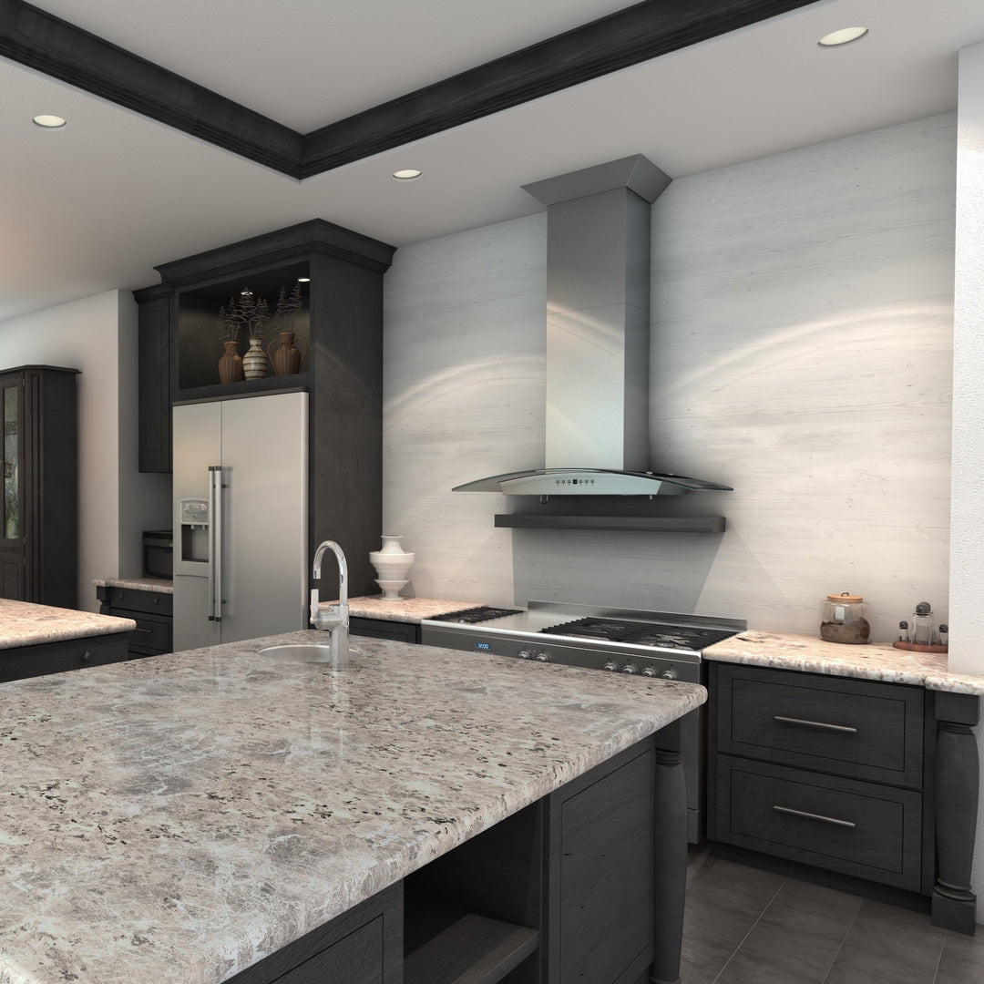 ZLINE 36" Convertible Vent Wall Mount Range Hood in Stainless Steel &amp; Glass with Crown Molding (KZCRN-36)