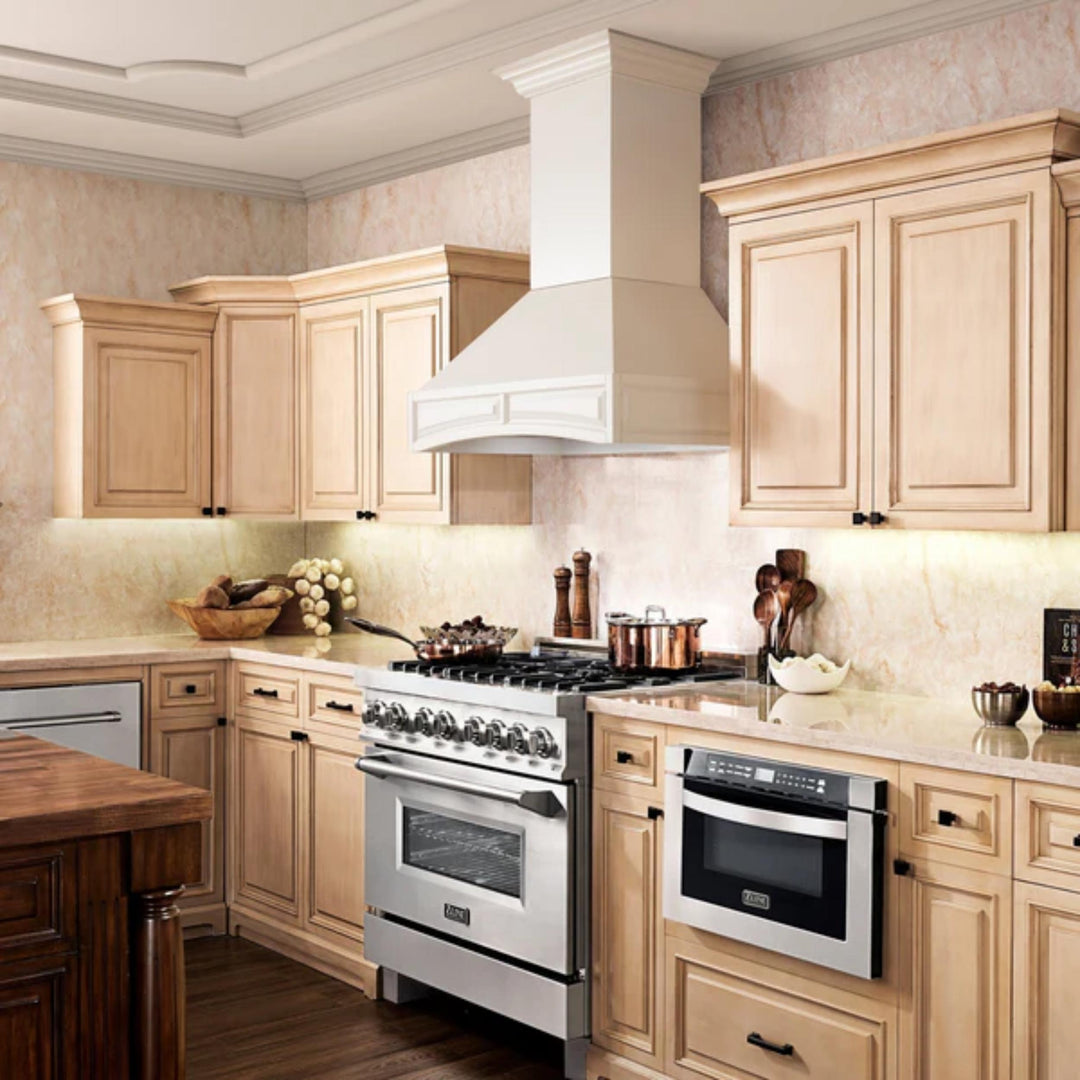ZLINE 30" &amp; 36" Wooden Wall Mount Range Hoods with Single Remote Blower in Cottage White