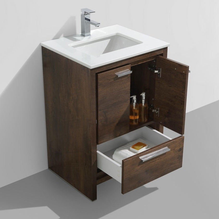 KubeBath Dolce 24″ Rose Wood Modern Bathroom Vanity with White Quartz Counter-Top AD624RW