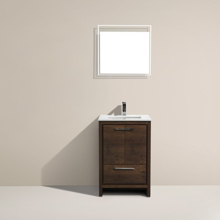 KubeBath Dolce 24″ Rose Wood Modern Bathroom Vanity with White Quartz Counter-Top AD624RW