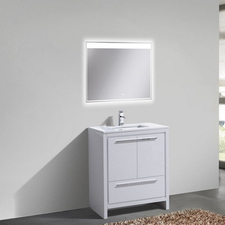 KubeBath Dolce 30″ High Gloss White Modern Bathroom Vanity with White Quartz Counter-Top AD630GW