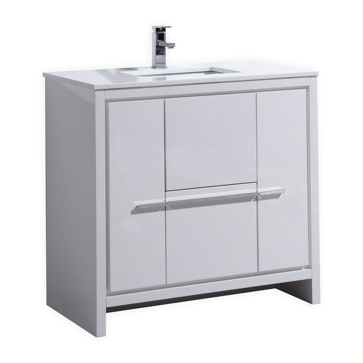 KubeBath Dolce 36″ High Gloss White Modern Bathroom Vanity with White Quartz Counter-Top AD636GW