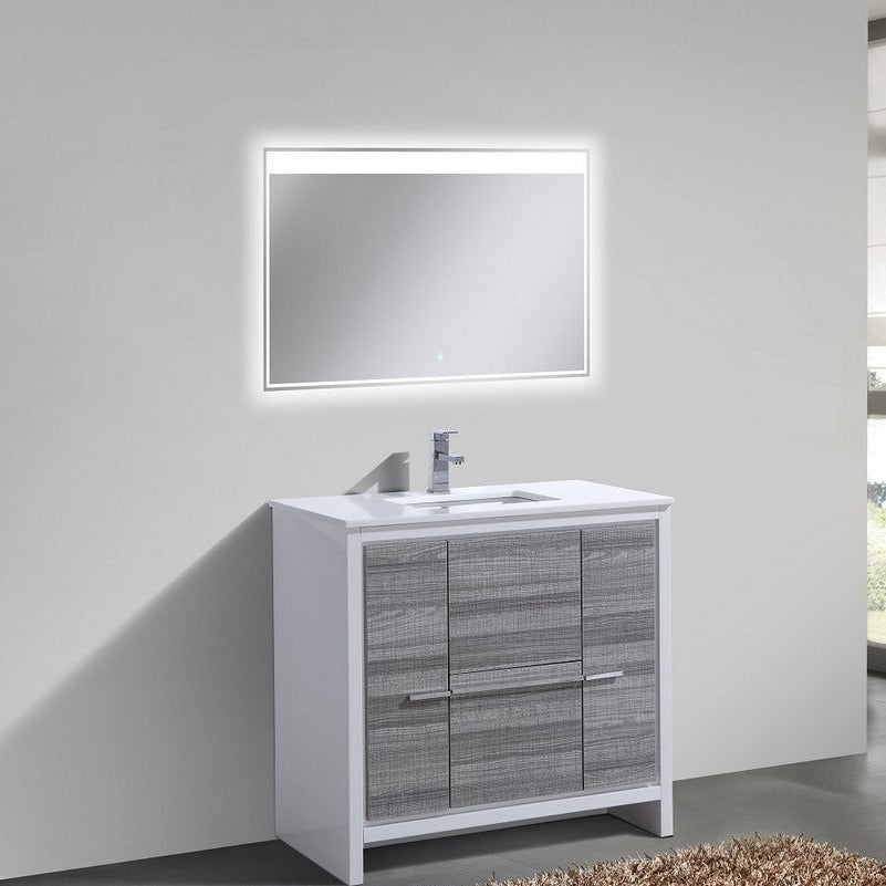 KubeBath Dolce 36″ Ash Gray Modern Bathroom Vanity with White Quartz Counter-Top AD636HG
