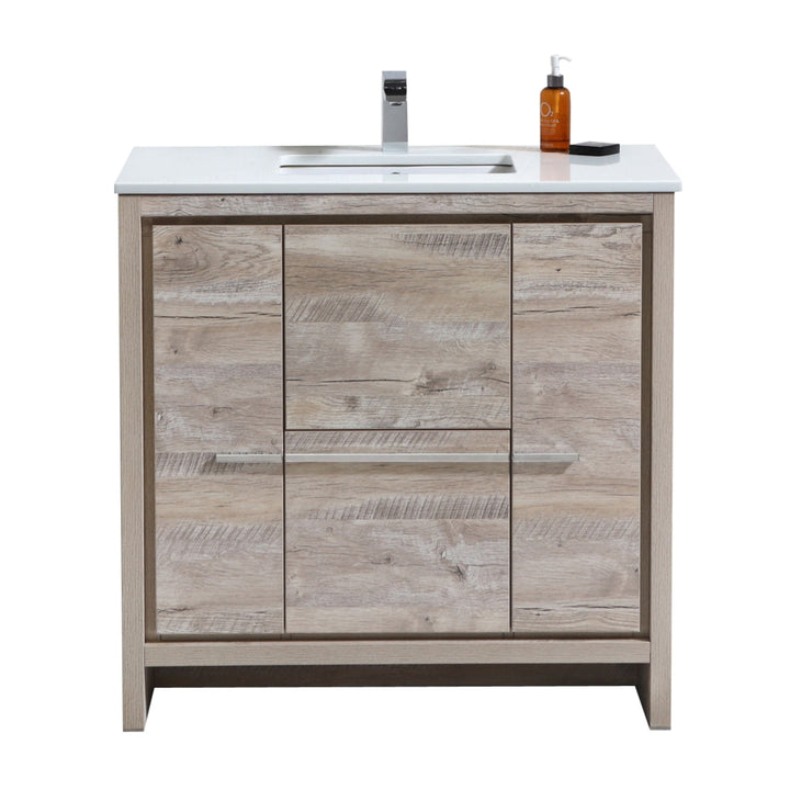 KubeBath Dolce 36″ Nature Wood  Modern Bathroom Vanity with White Quartz Counter-Top AD636NW