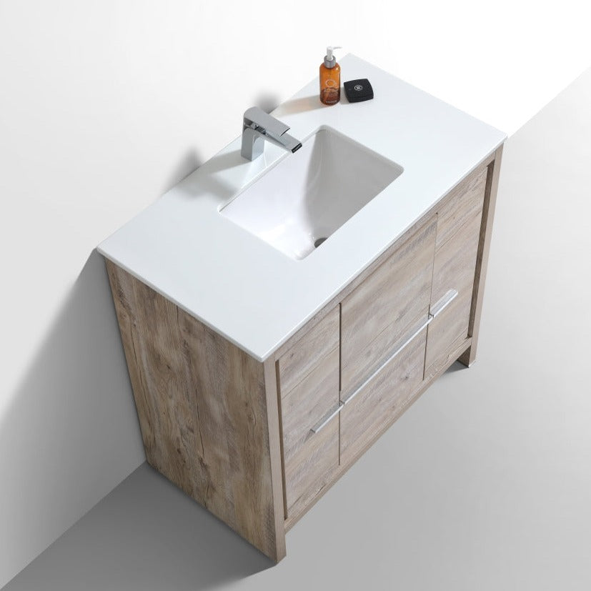 KubeBath Dolce 36″ Nature Wood  Modern Bathroom Vanity with White Quartz Counter-Top AD636NW