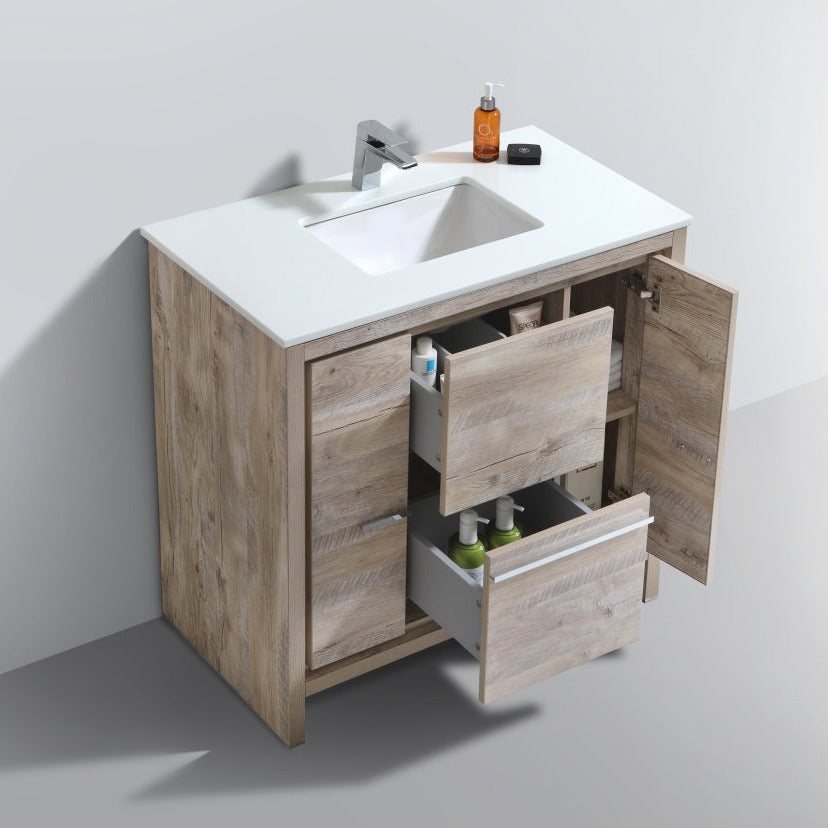 KubeBath Dolce 36″ Nature Wood  Modern Bathroom Vanity with White Quartz Counter-Top AD636NW