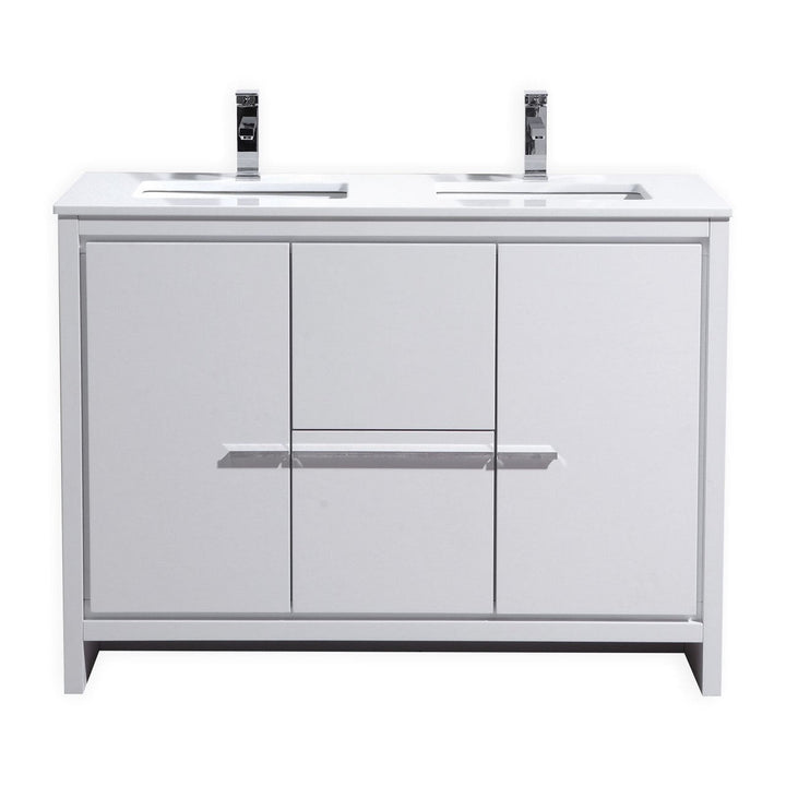 KubeBath Dolce 48″ Double Sink High Gloss White Modern Bathroom Vanity with White Quartz Counter-Top AD648DGW