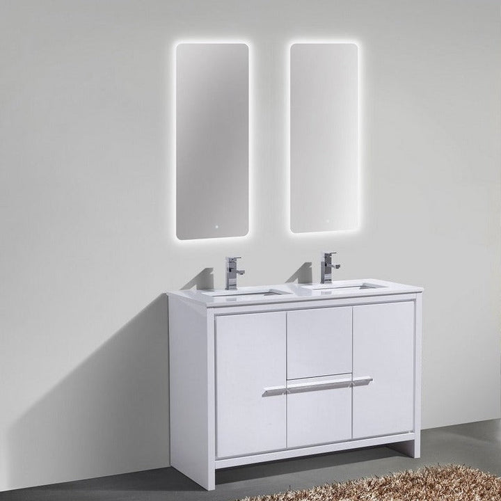 KubeBath Dolce 48″ Double Sink High Gloss White Modern Bathroom Vanity with White Quartz Counter-Top AD648DGW