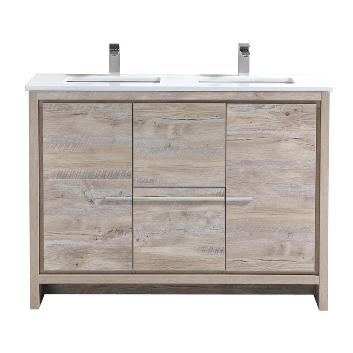 KubeBath Dolce 48″ Double Sink Nature Wood  Modern Bathroom Vanity with White Quartz Counter-Top AD648DNW