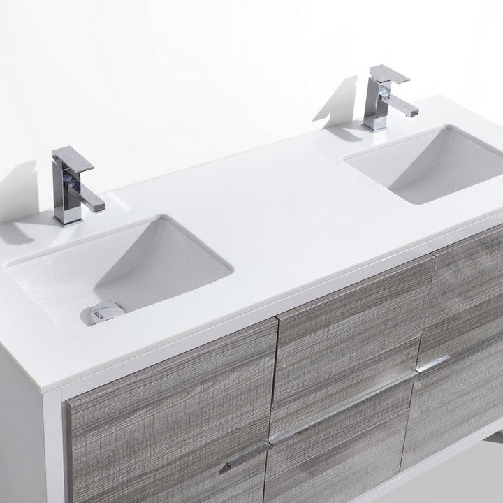 KubeBath Dolce 60″ Double Sink Ash Gray Modern Bathroom Vanity with White Quartz Counter-Top AD660DHG