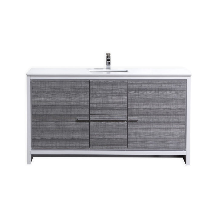 KubeBath Dolce 60″ Ash Gray Modern Bathroom Vanity with White Quartz Counter-Top AD660SHG