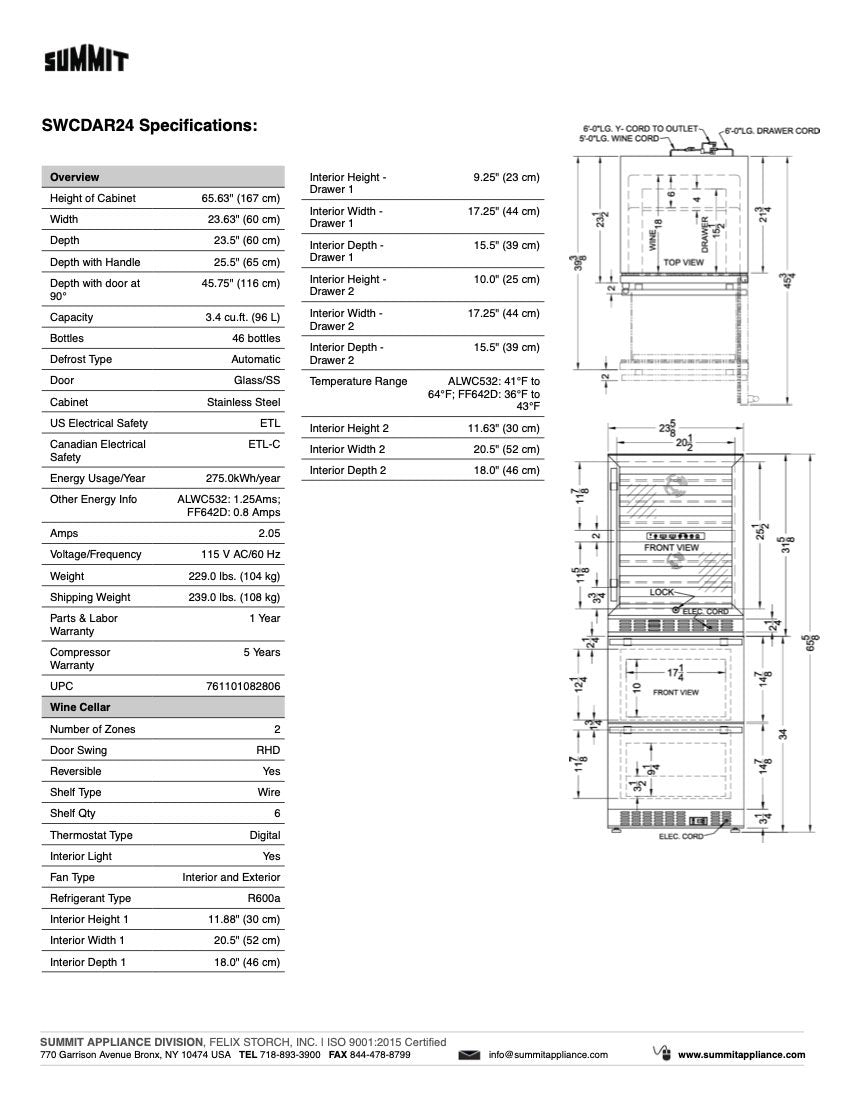 SUMMIT 24" Wide Combination Dual-Zone Wine Cellar and 2-Drawer All-Refrigerator