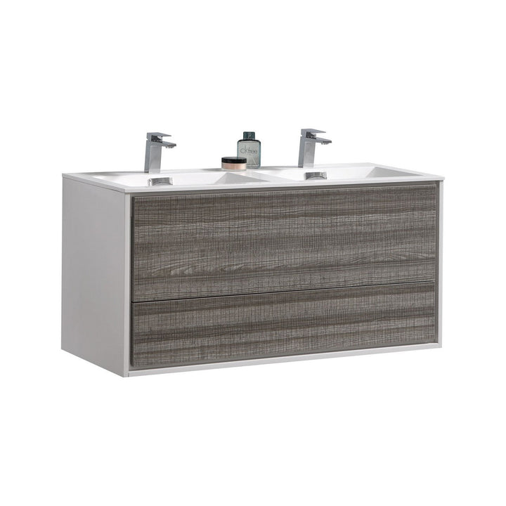 KubeBath DeLusso 48" Double Sink  Ash Gray Wall Mount Modern Bathroom Vanity DL48D-HGASH