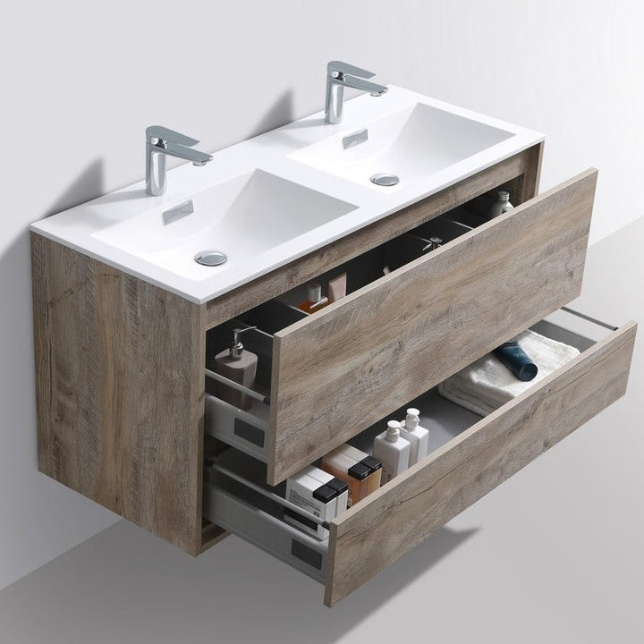 KubeBath DeLusso 48" Double Sink Nature Wood Wall Mount Modern Bathroom Vanity DL48D-NW