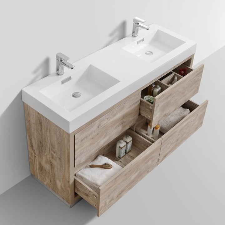 KubeBath Bliss 60" Double  Sink Nature Wood Free Standing Modern Bathroom Vanity FMB60D-NW
