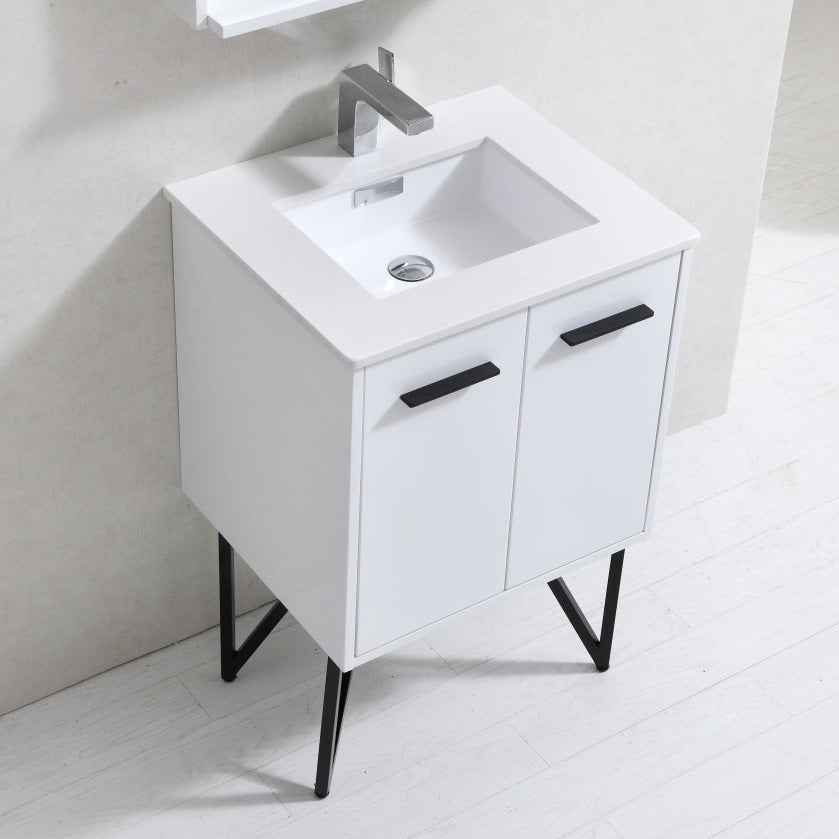 KubeBath Bosco 24" Modern Bathroom Vanity w/ Quartz Countertop and Matching Mirror KB24GW