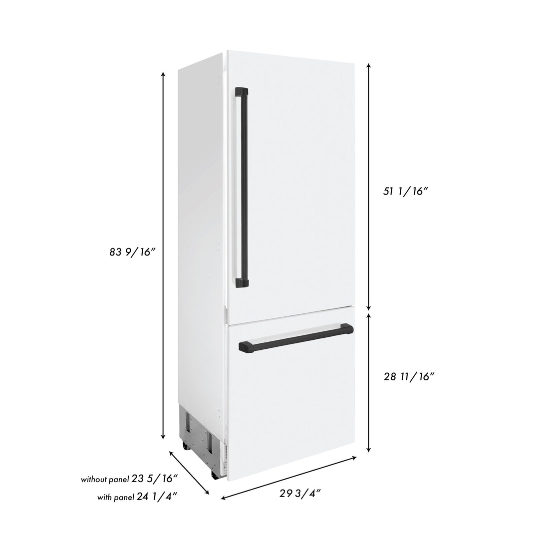 ZLINE 30” Autograph Edition 16.1 cu. ft. Built-in 2-Door Bottom Freezer Refrigerator with Internal Water and Ice Dispenser in White Matte with Accents (RBIVZ-WM-30)